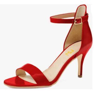 FSJ Red Comfy Open Toe Summer Sandal Ankle Strap Mid Heels Shoes